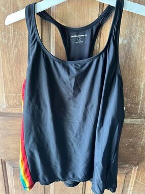 Humankind Black Racerback Tank with Rainbow Side Stripe Accents